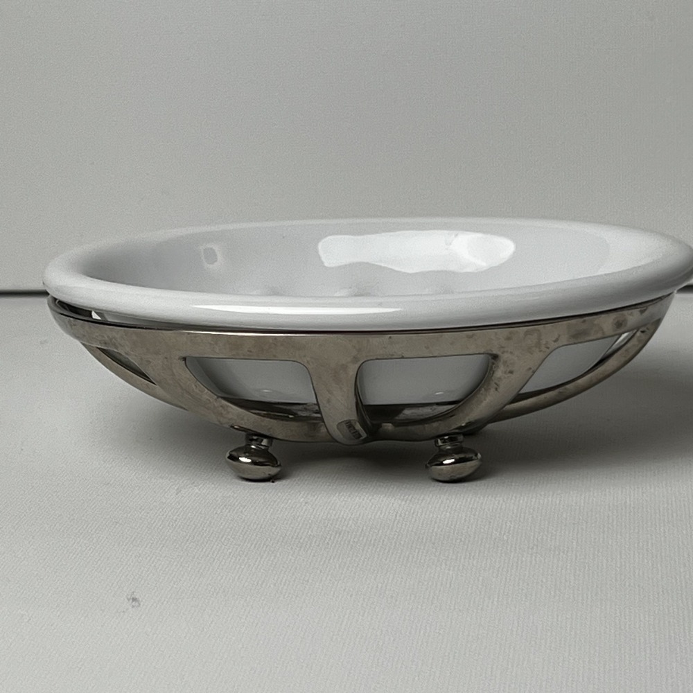 Restoration Hardware Bistro Soap Dish Set of 2 White Ceramic Chrome 1999